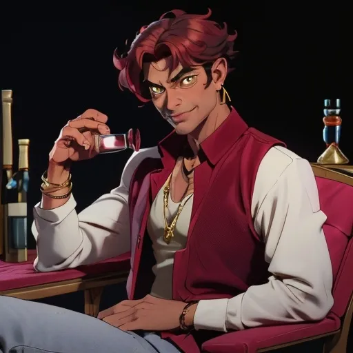 Prompt: A handsome middle-aged man in his 40s. He has bright yellow eyes, dark tanned skin, thin red curly hair. He is dressed like a persian merchant. He is wearing white loose buttoned shirt and several gold accessories like earrings, rings, and necklaces. The person has a slight grin, holding a glass of wine in one hand, sitting on a velvet chair in a dark candle lit room. 