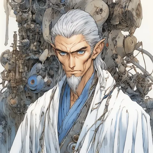 Prompt: An elven man with slicked back gray hair and blue eyes, wearing a rugged white robe. Yoshitaka Amano art style, manga, He has a lot of small machines on his waistband. He is studying an mechanical artifact.