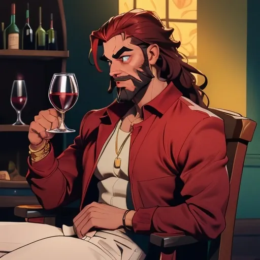 Prompt: A slender and handsome middle-aged man in his 40s. He has bright amber eyes, tanned skin, red curly hair, trimmed beard, thick eyebrows, dimples on his cheeks. He is dressed like a merchant. He is a wearing white loose buttoned shirt. He is wearing several gold accessories like earrings, rings, and necklaces. The person has a slight grin, holding a glass of wine in one hand, sitting on a velvet chair in a dark candle lit room. 