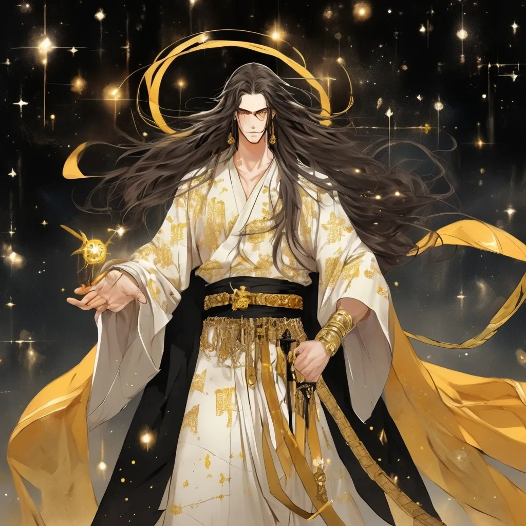 Prompt: His long brown hair is adorned with hanging golden chains. He has piercing orange-yellow eyes. He is wearing a three-layered robe of white, black and gold, with constellation patterns on the fabric. A golden belt tied around his waist. He has three floating swords on his back. 