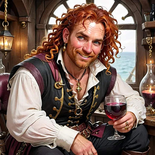 Prompt: a middle-aged man in his 40s. He has bright amber eyes, tanned skin, red curly hair, trimmed beard, thick eyebrows, crinkles around his eyes, and dimples on his cheeks. He is dressed like a merchant pirate. He is a wearing white loose buttoned shirt, multiple gold necklaces, loose stringed trousers, and high boots. A silky sash is tied around his waist, and they are adorned with several gold accessories like earrings, rings, and necklaces. The person has a slightly drunken expression, with flushed cheeks and a crooked smile, holding a glass of wine in one hand, sitting on a velvet chair in a candle lit room.