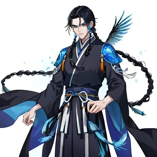 Prompt: A slender male wuxia character, with straight blue-black hair over his shoulders and some braids. His eyes are bright blue. He wears an intricate indigo robe. He has earrings made from bird feathers. 