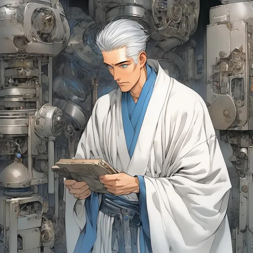 Prompt: A handsome man with slicked back gray hair and blue eyes, wearing a white robe. He has a lot of small machines on his waistband. He is studying an old artifact, Yoshitaka Amano art style, manga