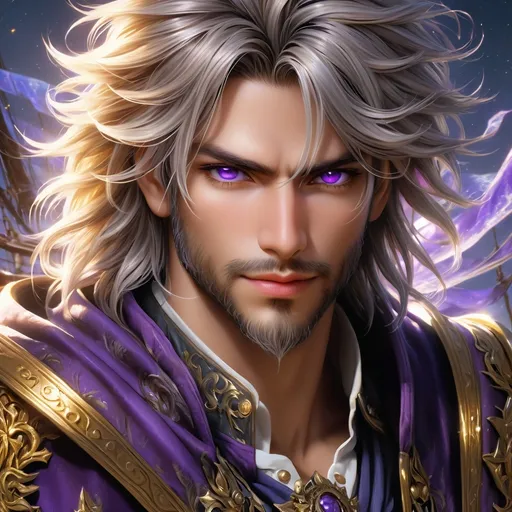 Prompt: Full body visible, oil painting, D&D fantasy, 36 years old ((Male)) Aasimar, ((handsome detailed face and Glowing Purple anime eyes)), rugged grey hair, No Beard, sly devious smile, looking at the viewer, intricate detailed pirate clothes, intricate hyper detailed hair, intricate hyper detailed eyelashes, intricate hyper detailed shining pupils, hd, detailed face, big anime dreamy eyes, 8k eyes, intricate details, insanely detailed, masterpiece, cinematic lighting, 8k, complementary colors, golden ratio, octane render, volumetric lighting, unreal 5, artwork, concept art, cover, top model, light on hair colorful glamourous hyperdetailed inside a medieval ship