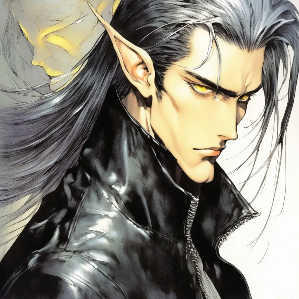 Prompt: Yoshitaka Amano art style, manga, sharp-looking elven man, slicked back black hair with grey hair on the side, narrow yellow eyes, wearing a tight-fitting black leather jacket with a high collar