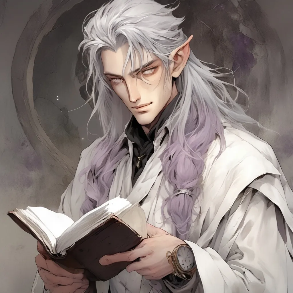 Prompt: A Sharp-looking Elven man with gray hair and lavender-colored eyes, wearing a ragged doctor's coat with a pocket watch. In his hand is an old book, Yusuke Mogi's art style, manga