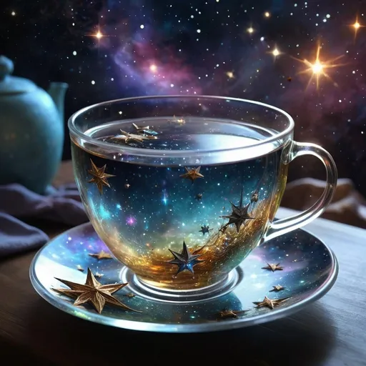 Prompt: A clear glass tea cup full with stars sparkling inside with galaxies and stars are forming, detailed scene, digital painting, hyperrealistic, fantasy, Surrealist, by Ciro Marchetti and Brian Froud, artstation, highly detailed, sharp focus, wide angle shot, sci-fi, stunningly beautiful, utopian, soft bright colours, cinematic lighting, macro lens