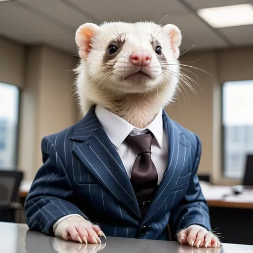 Prompt: An albino ferret in an expensive suit in an enormous office