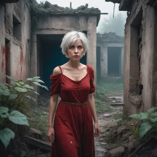 Prompt: small settlement, foggy, dramatic fantasy settlement scene, cinematic lighting. An 60 years old woman, she was a princess, in an ancient ruined city, now covered by vegetation, dressed in a dirty and ruined red dress, walks through the abandoned, dirt and plant-covered streets, looking around but without understanding what has happened. Her expression is sad. She has white short  messy hair. Big, blue eyes. her dress is torn in some places. The woman is looking to me. She is hiding in a hole in a wall