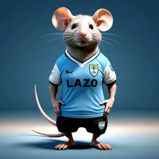 Prompt: A big rat standing like a person and dressing the s.s.lazio footbal club jersey, ultra realistic, 8k, high-res, ultra-detailed