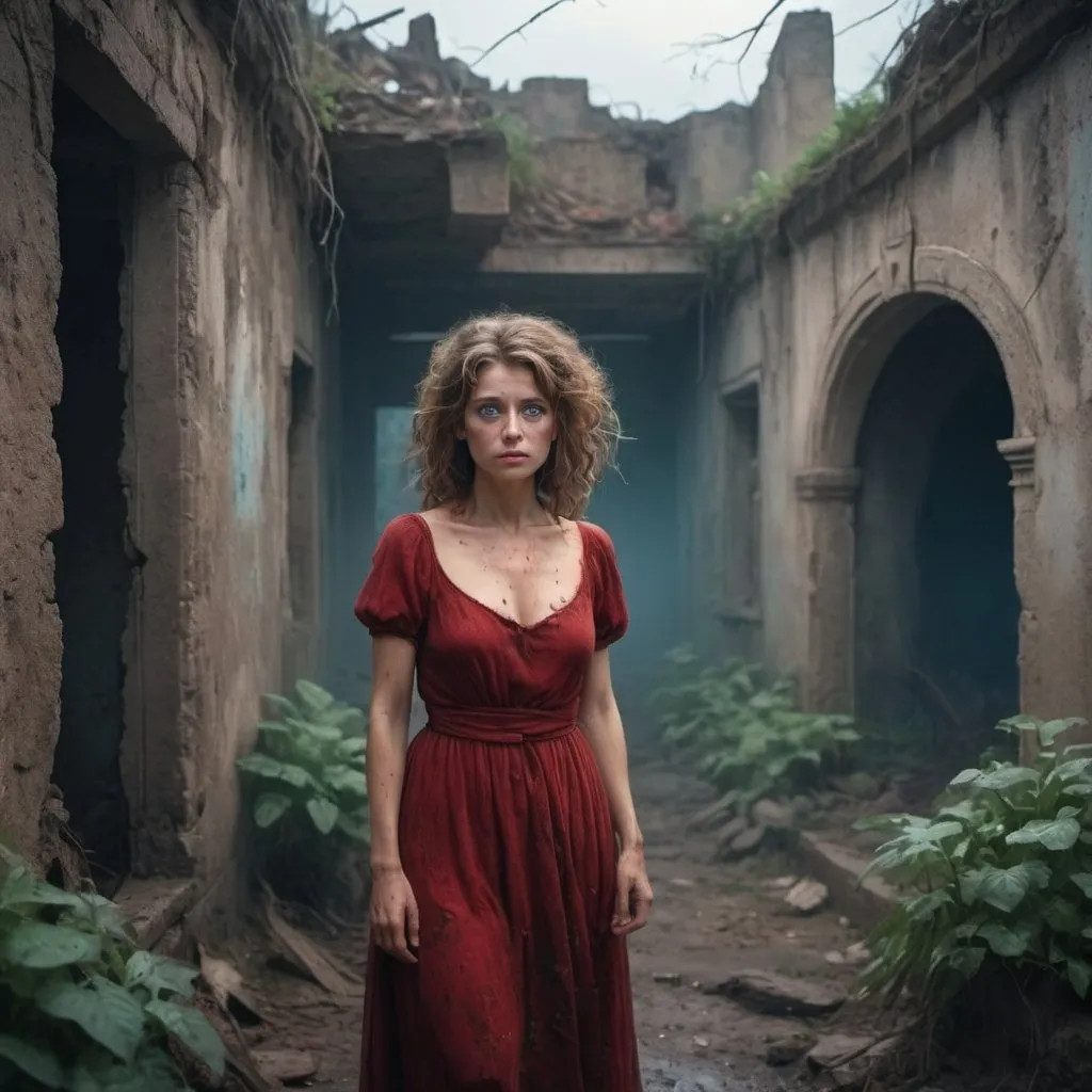 Prompt: small settlement, foggy, dramatic fantasy settlement scene, cinematic lighting. An 60 years old woman, she was a princess, in an ancient ruined city, now covered by vegetation, dressed in a dirty and ruined red dress, walks through the abandoned, dirt and plant-covered streets, looking around but without understanding what has happened. Her expression is sad. She has brown curly messy hair. Big, blue eyes. her dress is torn in some places. The woman is looking to me. She is hiding in a hole in a wall