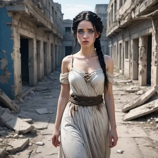 Prompt: A princess in an ancient ruined city, dressed in a dirty and ruined white dress, walks through the abandoned streets, looking around but without understanding what has happened. Her expression is sad. She has black hair, braided and messy. Big, blue eyes.