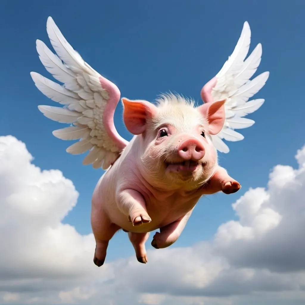 Prompt: A ping pig with wings on his back, flying around