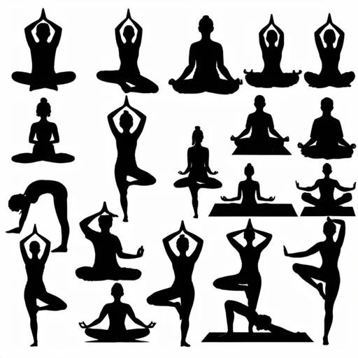 Prompt: Clipart depicting various yoga poses, meditation, yoga mats, etc.