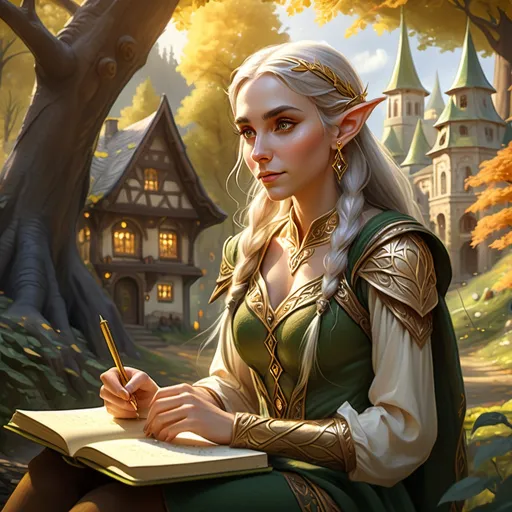 Prompt: (female elf), (beautiful), traveling, writing notes, actively listening, curious expression, village in the forest in the background, soft sunlight filtering through leaves, serene atmosphere, warm colors, intricate elven attire with delicate details, Ornate gold journal opened in her hands, surrounded by nature, high detail, vibrant, 4K quality, holding gold journal, , gold earrings on point ears, multiple earrings