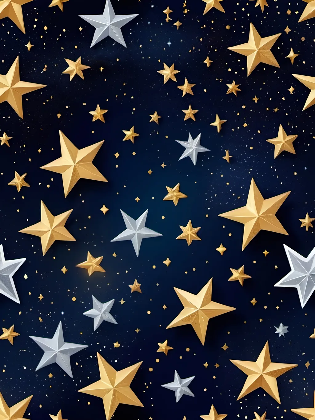 Prompt:  shapes of stars, deep navy blue background, shimmering silver and gold accents, vast universe ambiance, celestial exploration theme, dreamy and mystical feel, high depth and ultra-detailed, artistic masterpieces, inspirational creativity in the galaxy, twinkling stars illuminated against darkness.