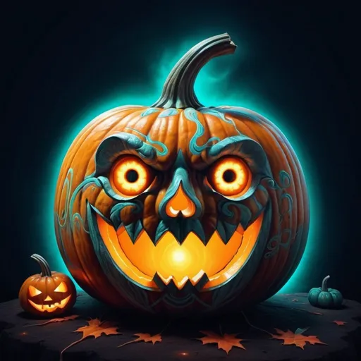 Prompt: Hypnotic illustration of a halloween pumpkin, hypnotic psychedelic art, pop surrealism, dark glow neon paint, mystical, Behance
