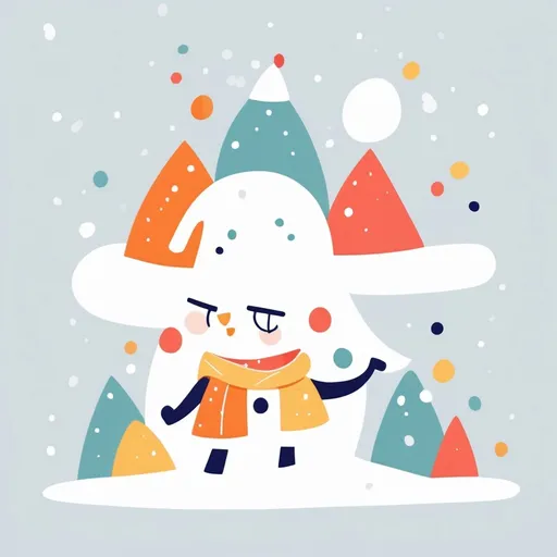 Prompt: illustration character design, cartoonish whimsical style.Girl in snow,bright colors simple shapes,white backdrop