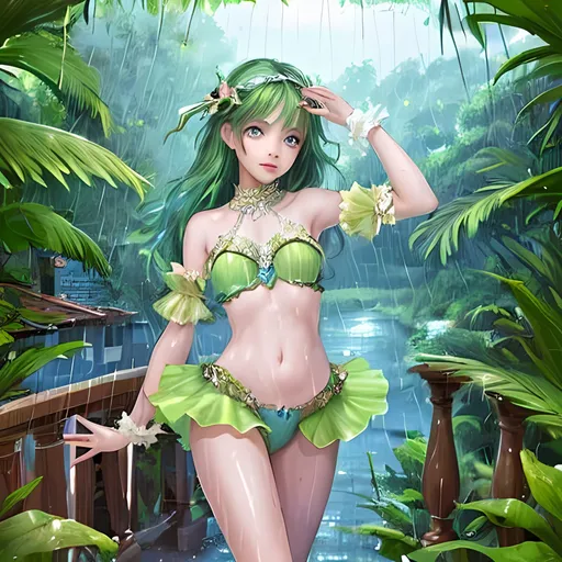 Prompt: Adorable teenage girl innocent eyes dancing in the rain in a fairytale balcony on a suns, navel, jungle,water