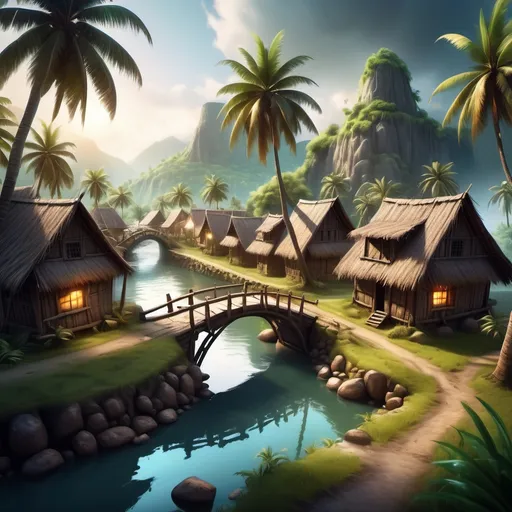 Prompt: Draw the Village with small settlement coconut trees, bridge and river, dramatic fantasy settlement scene, cinematic lighting