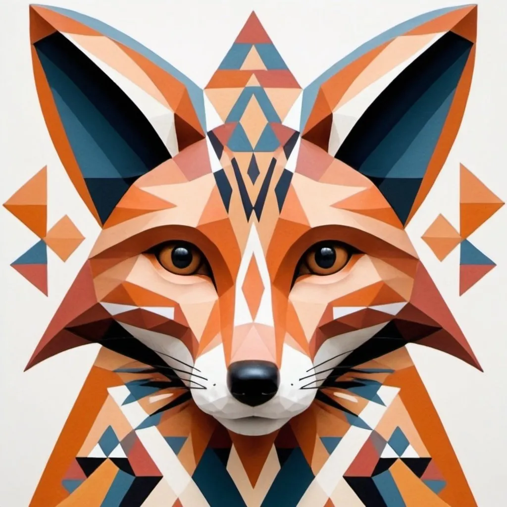 Prompt: A captivating abstract piece of art 
fox-like figure with flowers-like figure, made up of a variety of geometric shapes and patterns, with round patterns for the eyes and the nose and mouth formed by a combination of rectangular and triangular shapes. The figure is divided into two separate parts: one side features a series of vertical abstract shapes, and the other side features zigzag patterns. The overall design reflects the essence of modern and abstract art. Isolate on white background