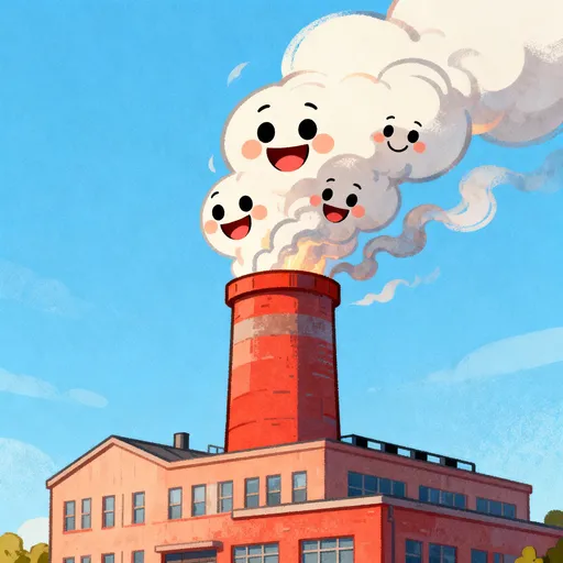 Prompt: Lol factory . Happy faces coming out of the chimney of the factory