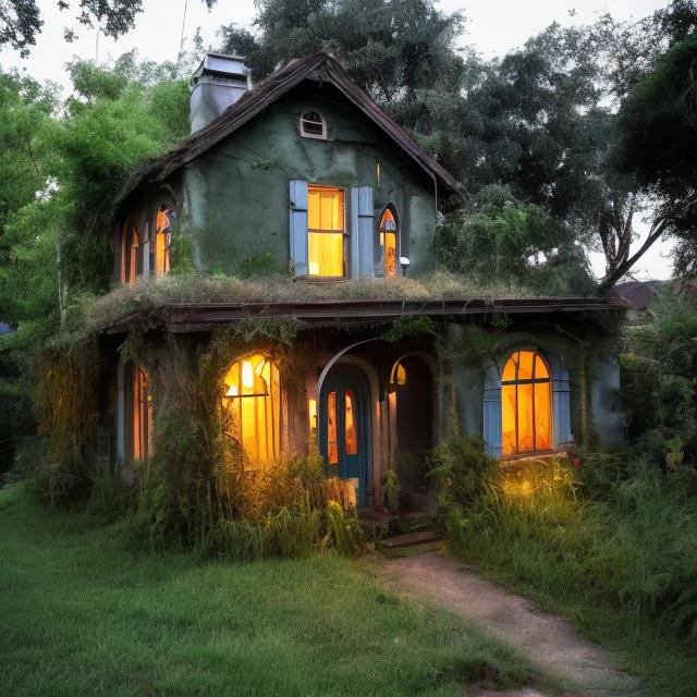 Prompt: Small house on outskrits of town night time overgrown with drive way