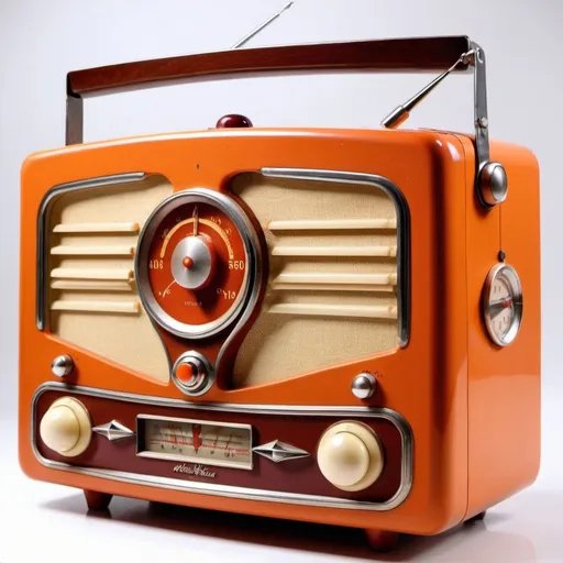 Prompt: A Beautiful Dark Orange + Cream Antique "Vintage" Radio ( 1940s Vintage Tube Radio 560A Antique ) , Stunningly Beautiful Dark Orange Vintage 1940s Radio - Beautiful Composition, Charming Photorealistic HD Photography, Highly Detailed