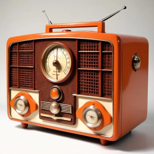 Prompt: A Beautiful Dark Orange + Cream Antique "Vintage" Radio ( 1940s Vintage Tube Radio 560A Antique ) , Stunningly Beautiful Dark Orange Vintage 1940s Radio - Beautiful Composition, Charming Photorealistic HD Photography, Highly Detailed