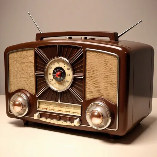 Prompt: A Beautiful Brown + Cream Antique "Vintage" Radio ( 1940s Vintage Tube Radio 560A Antique ) , Stunningly Beautiful Brown Vintage 1940s Radio - Beautiful Composition, Charming Photorealistic HD Photography, Highly Detailed