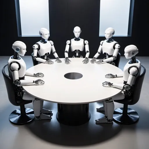 Prompt: Human robots sitting around the round table 