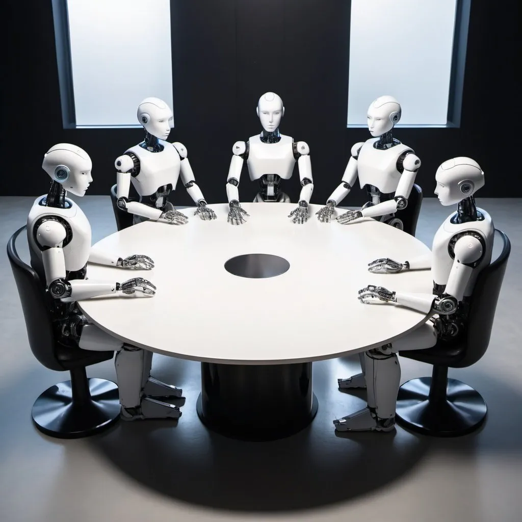 Prompt: Human robots sitting around the round table 