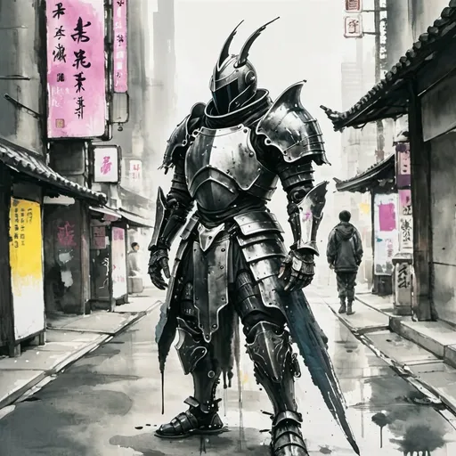 Prompt: A knight wearing cyberpunk-style armor on the street