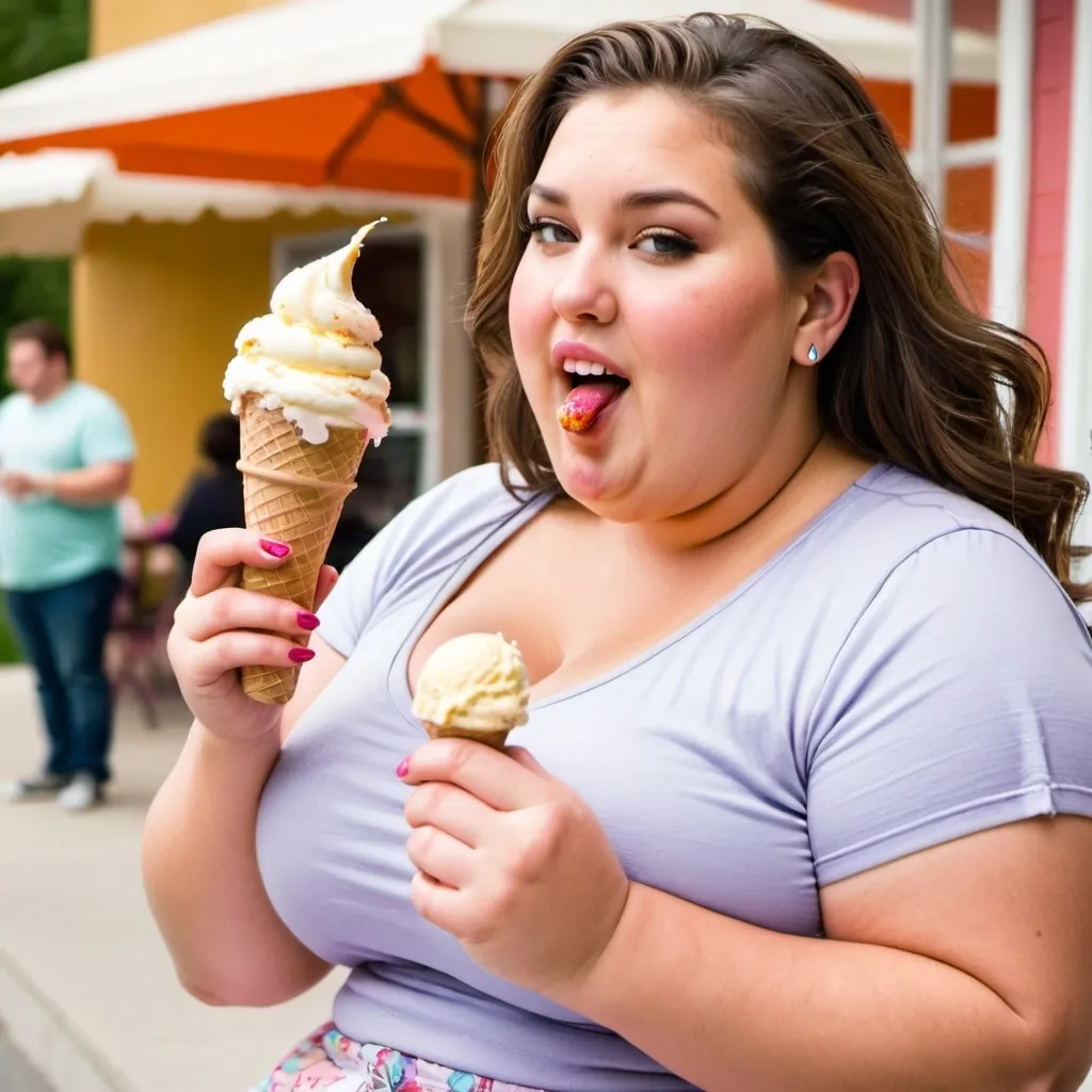 Prompt: full bodied,beautiful full figured, curve, fat, chubby, cute, obese, beautiful woman eating ice cream
