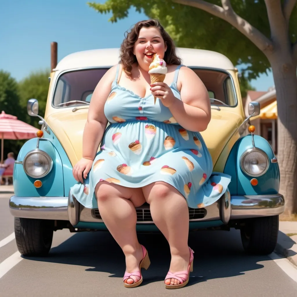 Prompt: photorealistic head to toe picture of cute full figured fat woman  enjoying her ice cream on a hot day wearing a dress with cute shoes