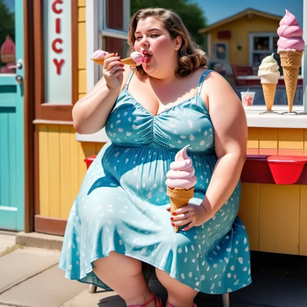 Prompt: photorealistic head to toe picture of cute full figured fat woman  enjoying her ice cream on a hot day wearing a dress with cute shoes