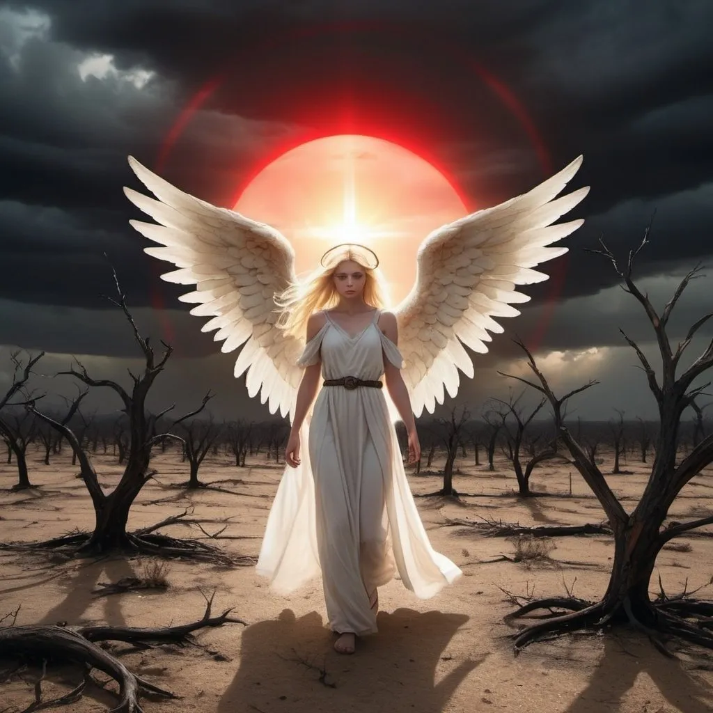 Prompt: A blonde haired angel with a glowing halo, walking in a barren land, dead trees all around, dark clouds in the sky with a red sun trying to shine through the clouds