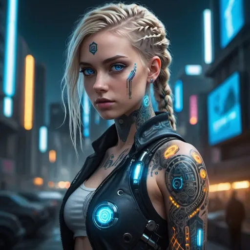 Prompt: Extremely detailed, highres, masterpiece of a beautiful girl, full body portrait, realistic, cyberpunk, beautiful detailed blue eyes, cinematic lighting, facial tattoos, blonde braided hair, cybernetic enhancements, futuristic cityscape, professional, detailed, cyberpunk, realistic, atmospheric lighting, futuristic, detailed eyes, blonde hair, full body portrait