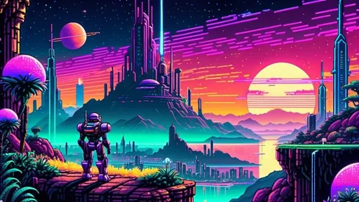 Prompt: Epic 8-bit style sci-fi fantasy landscape, vibrant colors, retro video game aesthetic, futuristic city with towering structures, alien flora and fauna, two large glowing planets in the sky, highly detailed robotic warrior with a plasma sword, standing on a cliff overlooking the city, neon lights, pixel art, dramatic lighting, surreal atmosphere, intricate details, sharp focus