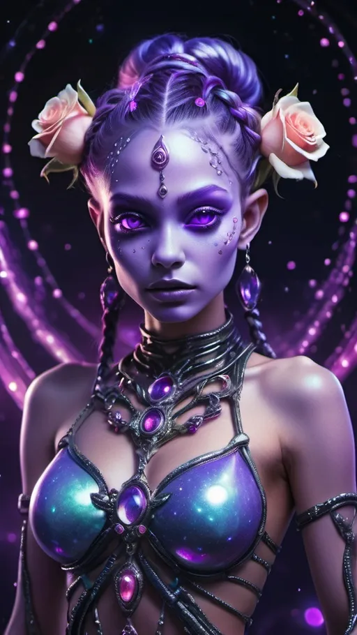 Prompt: Beautiful alien girl with purple skin, full body, glowing eyes, braided bejeweled hair, holographic roses, celestial background, high definition, surreal, ethereal, fantasy, detailed, vibrant colors, atmospheric lighting