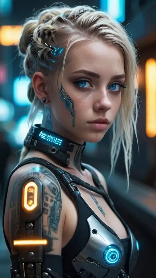 Prompt: Extremely detailed, highres, masterpiece of a beautiful girl, full body portrait, realistic, cyberpunk, beautiful detailed blue eyes, cinematic lighting, facial tattoos, blonde braided hair, cybernetic enhancements, futuristic cityscape, professional, detailed, cyberpunk, realistic, atmospheric lighting, futuristic, detailed eyes, blonde hair, full body portrait