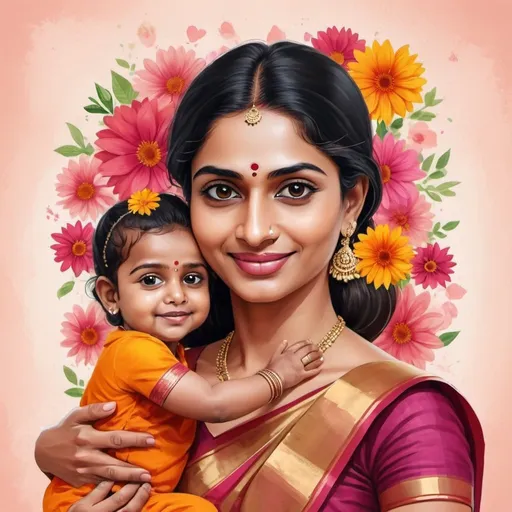 Prompt: Create a Mother’s Day Card, reflecting a modern South Indian Mother, living in Chennai, she is beautiful, artistic, independent and classy