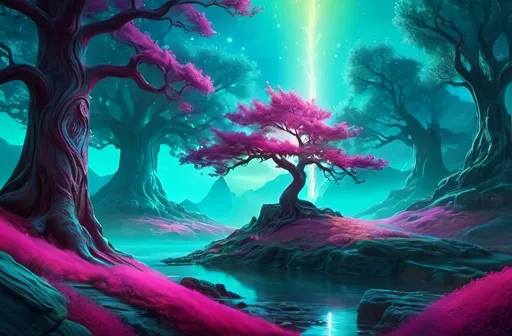 Prompt: Fantasy landscape with a single majestic tree, vibrant color palette, surreal lighting, high quality, digital painting, mystical atmosphere, detailed tree bark, glowing flora, magical, dreamlike, ethereal, enchanting, mystical lighting, fantasy art, vibrant colors, high-res, ultra-detailed, digital painting, magenta and turquoise complementary colors