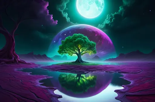 Prompt: Fantasy landscape with a single majestic tree, vibrant color palette, surreal lighting, high quality, digital painting, mystical atmosphere, detailed tree bark, glowing flora, magical, dreamlike, ethereal, enchanting, mystical lighting, fantasy art, vibrant colors, high-res, ultra-detailed, digital painting, red and cyan complementary colors