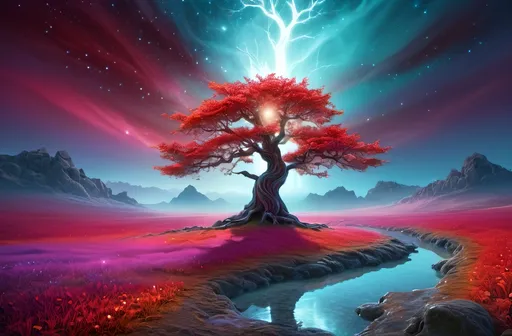 Prompt: Fantasy landscape with a single majestic tree, vibrant color palette, surreal lighting, high quality, digital painting, mystical atmosphere, detailed tree bark, glowing flora, magical, dreamlike, ethereal, enchanting, mystical lighting, fantasy art, vibrant colors, high-res, ultra-detailed, digital painting, silver and red complementary colors
