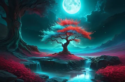 Prompt: Fantasy landscape with a single majestic tree, vibrant color palette, surreal lighting, high quality, digital painting, mystical atmosphere, detailed tree bark, glowing flora, magical, dreamlike, ethereal, enchanting, mystical lighting, fantasy art, vibrant colors, high-res, ultra-detailed, digital painting, red and cyan complementary colors