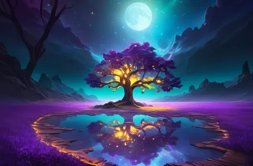 Prompt: Fantasy landscape with a single majestic tree, vibrant color palette, surreal lighting, high quality, digital painting, mystical atmosphere, detailed tree bark, glowing flora, magical, dreamlike, ethereal, enchanting, mystical lighting, fantasy art, vibrant colors, high-res, ultra-detailed, digital painting, purple and yellow complementary colors