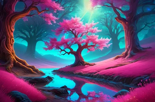 Prompt: Fantasy landscape with a single majestic tree, vibrant color palette, surreal lighting, high quality, digital painting, mystical atmosphere, detailed tree bark, glowing flora, magical, dreamlike, ethereal, enchanting, mystical lighting, fantasy art, vibrant colors, high-res, ultra-detailed, digital painting, pink complementary colors