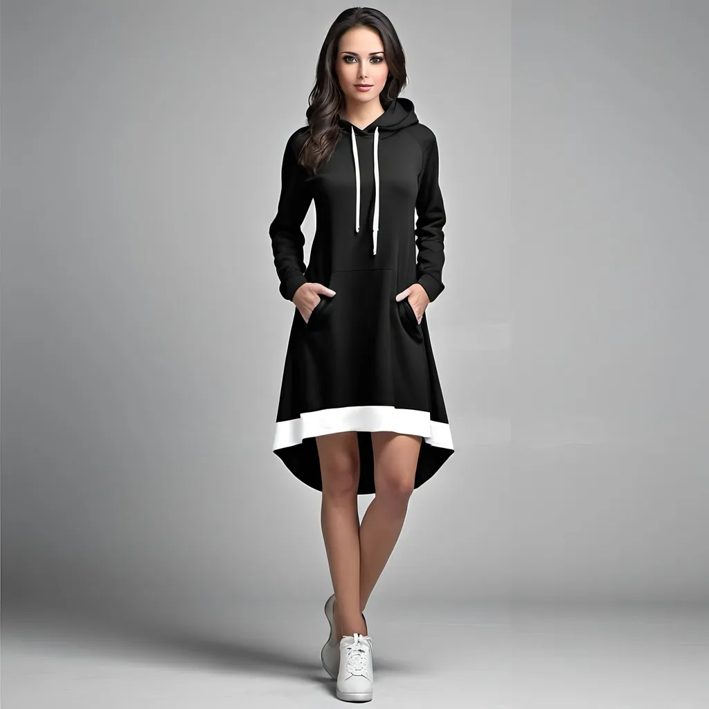 Prompt: Create a  Black and Black design Imagine a stunning hoodie shirt dress where the colors Black and white take center stage. This design is all about simplicity with a touch of elegance. Picture the dress primarily in a rich shade of black with two sleek streaks of white running down the front and back. These streaks could start from the shoulder and taper down to the hem, adding a dynamic element to the design. The clean lines and bold contrast between the two colors create a striking visual impact, making this dress a statement piece for any occasion and adding match shoes and a hat or bag.