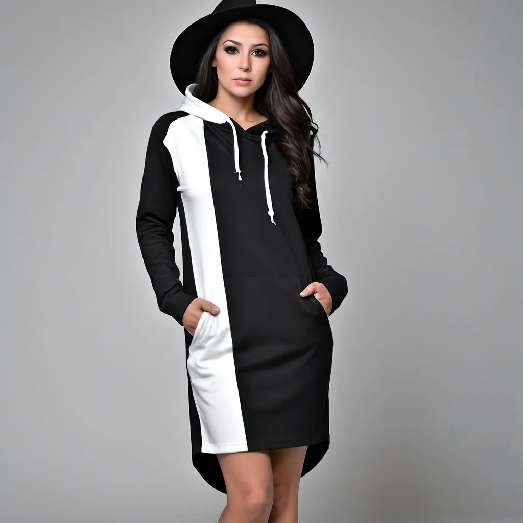 Prompt: Create a  Black and Black design Imagine a stunning hoodie shirt dress where the colors Black and white take center stage. This design is all about simplicity with a touch of elegance. Picture the dress primarily in a rich shade of black with two sleek streaks of white running down the front and back. These streaks could start from the shoulder and taper down to the hem, adding a dynamic element to the design. The clean lines and bold contrast between the two colors create a striking visual impact, making this dress a statement piece for any occasion and adding match shoes and a hat or bag.
